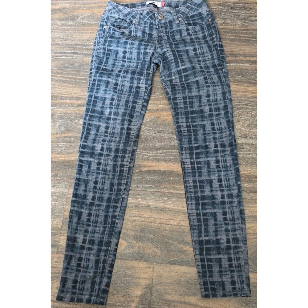 Cabi Skinny‎ Jeans Blue Grey Abstract Grid Tie Dye Print Size 2 Mid Rise Denim